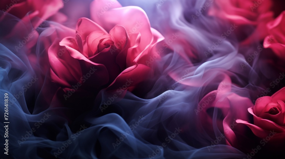 Multiple roses enveloped in a dreamy haze of pink and blue smoke, creating an otherworldly floral scene.