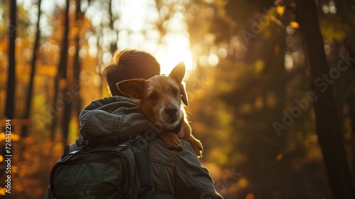 Pet adventure, forest exploration, canine companionship, serene woodland setting
