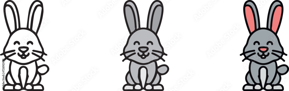 Cute Animal Rabbit, with 3 different styles, Black and White, Grey, and Outline Color. Cute Animal Rabbit, with 3 different styles, Black and White, Grey, and Outline Color.