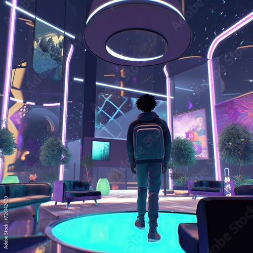 person with backpack exploring futuristic metaverse city indoors