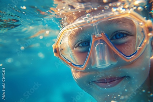 Close-up of the child's face, sense of adventure and discovery, vibrant and cheerful underwater lighting.