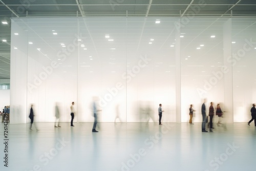 Blurred busy people in open gallery space