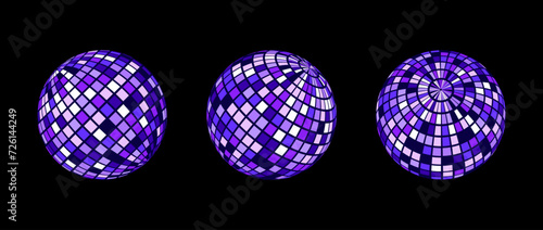 Blue purple disco ball set. Collection of wireframe spheres in different angles. Grid globe or checkered ball bundle. Glowing mirrorball element pack for poster, banner, music cover, party. Vector