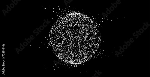 White dotted sphere with dissolve effect. Stipple disintegrating circle on black background. Halftone textured ball with noise dot work grain. Radial grunge particles. Dot sphere bubble. Vector