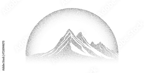 Grain stippled mountain range. Dotted landscape terrain silhouette. Black white grainy hill chain. Grunge scenery background. Textured mount view wallpaper. Vector noise dot work style illustration