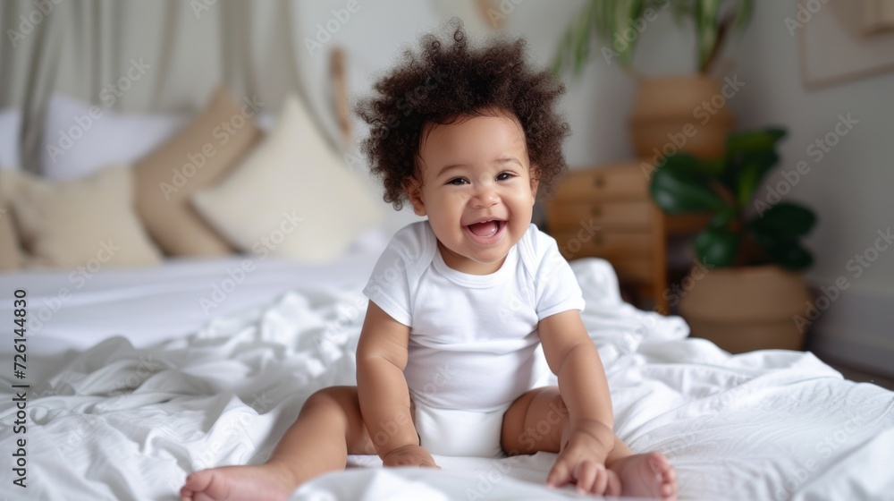 Cute little African American infant sitting on bed Cute little African American infant sitting on bed