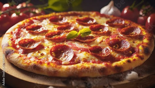 illustration of huge close-up homemade style pizza with full topping, Italian sausage carame