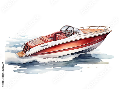 A speedboat (motorboat) at sea hand drawn in watercolor isolated on a white background