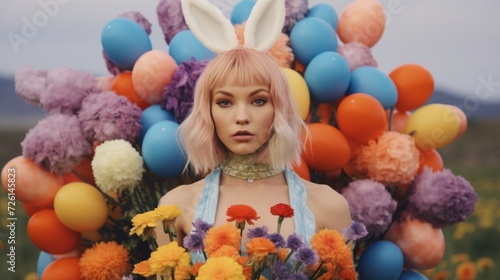 A woman in a bunny costume surrounded by colorful balloons and vibrant flowers, representing Easter festivities.