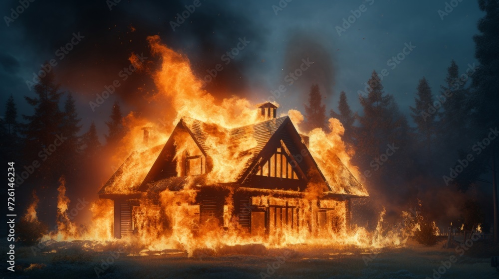 A dramatic scene of a house engulfed in flames at night in a forest setting.