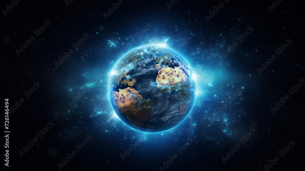 Planet Earth with a radiant blue aura against the backdrop of space, symbolizing global connectivity.