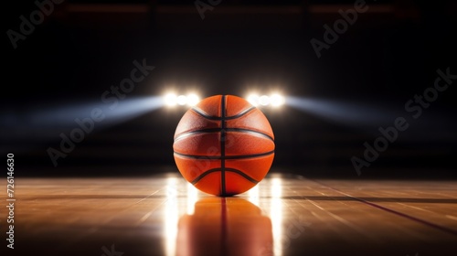 Close-up of a basketball on a shiny wooden court with atmospheric backlighting.