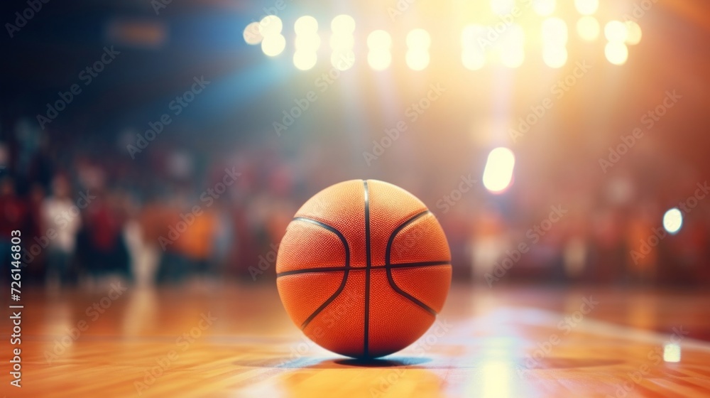 Close-up of an orange basketball on a glossy court with a blurred audience in the background.