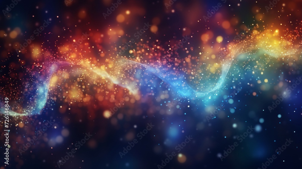 Obraz premium Vivid abstract background with dynamic flowing wave of particles in rainbow colors, representing energy.