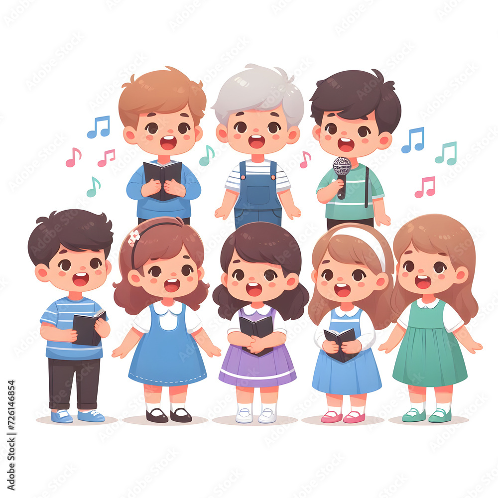 Cute children singing song together. Little kids singers in choir. Diverse vocal talented girls and boys group chorus from music school. Flat vector illustrations isolated on white background