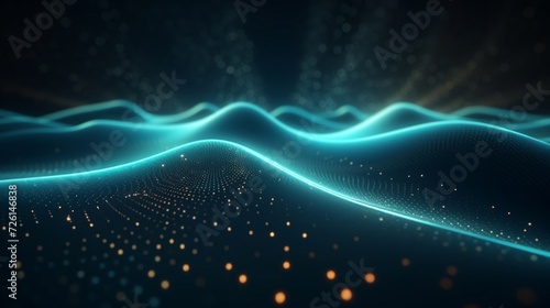 Digital graphic of a flowing blue wave with glowing particles, representing data or technology.