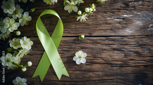 Lime green ribbon.Mental Health Awareness Month cancer day, copy space, generative ai photo