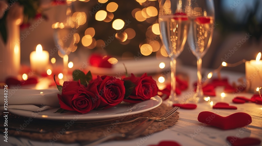 Romantic Candlelit Dinner Table with Red Roses Romantic Candlelit Dinner Table with Red Roses