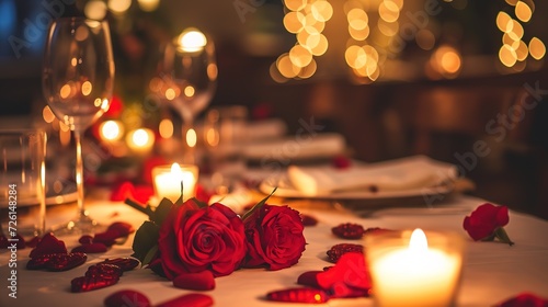 Romantic Candlelit Dinner Table with Red Roses