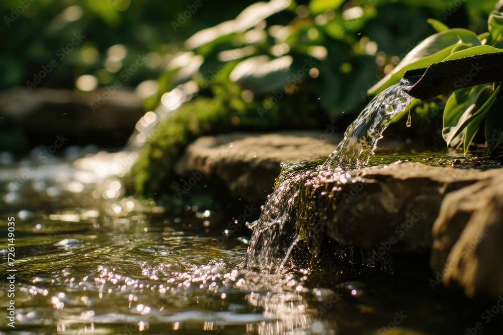 Instant shot of flowing water from ornamental pond Instant shot of flowing water from ornamental pond