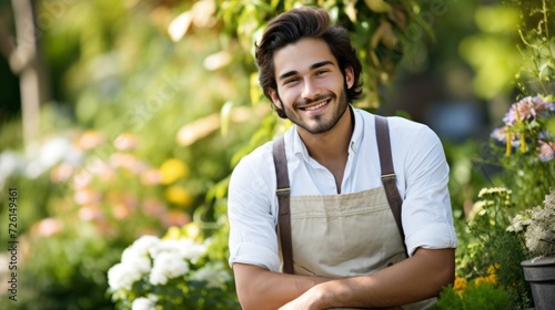 A cheerful young man in an apron posing in a vibrant flower garden, exuding happiness and a love for gardening.