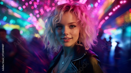 Vibrant portrait of a young woman with a playful expression, surrounded by neon lights at night.