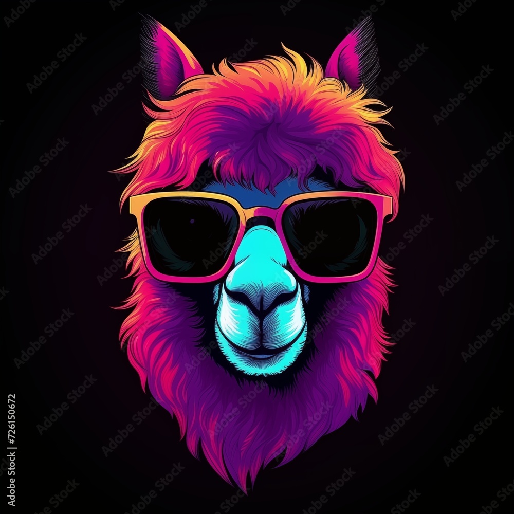 Synthwave Style of Lama Head Wearing Black Sunglasses Isolated on Black Background. Generative AI