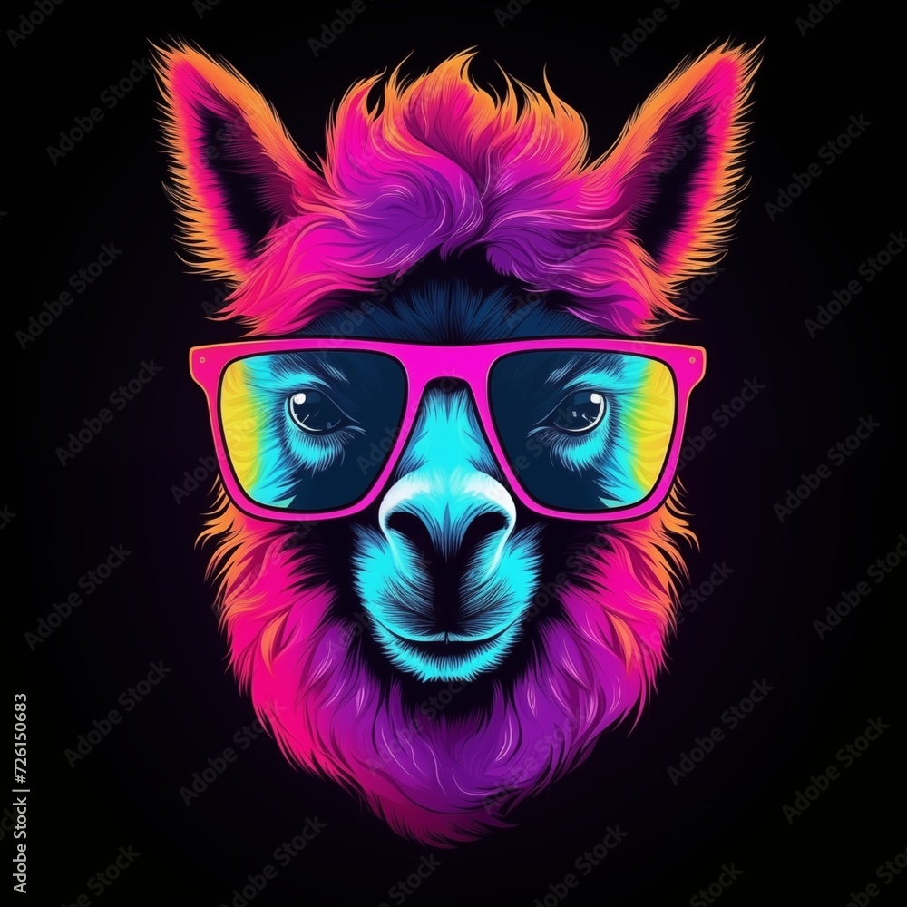 Synthwave Style of Lama Head Wearing Sunglasses Isolated on Black Background. Generative AI
