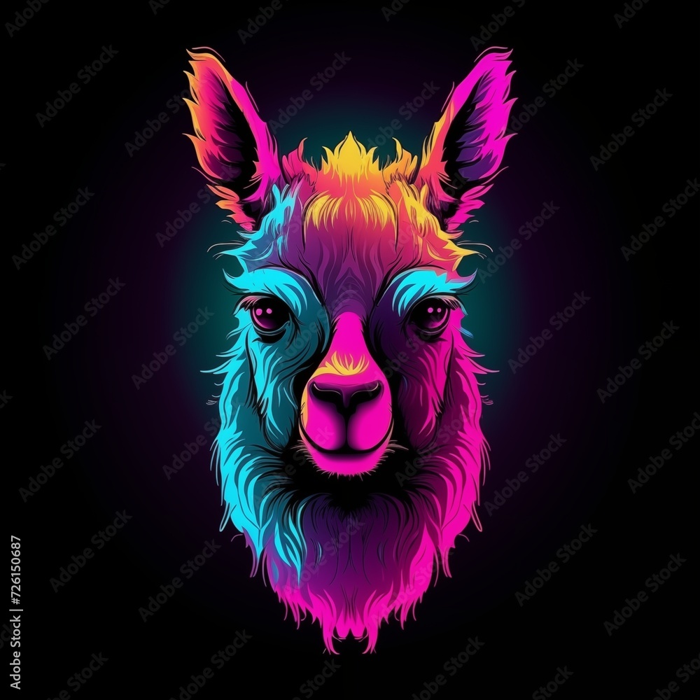 Lama Head in Retrowave Style Isolated on Black Background. Generative AI Lama Head in Retrowave Style Isolated on Black Background. Generative AI