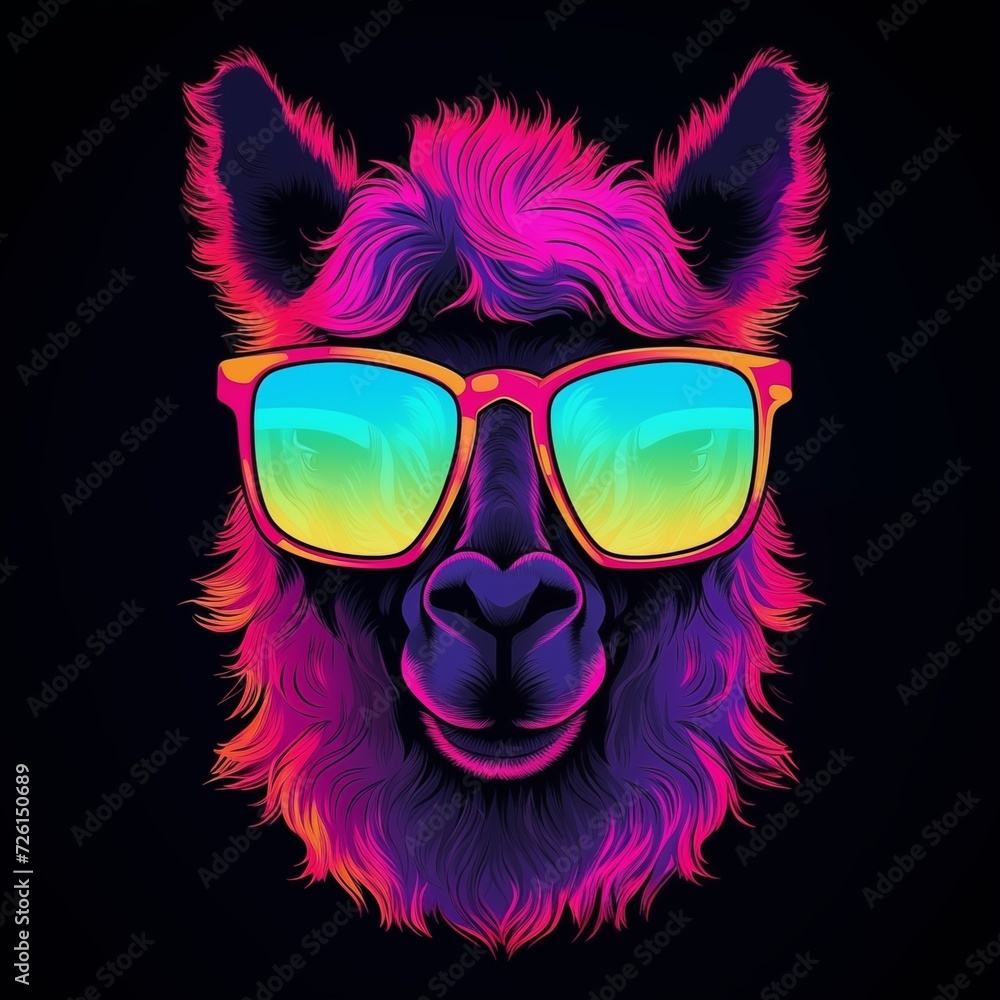 Synthwave Style of Funny Lama Head Wearing Sunglasses Isolated on Black Background. Generative AI