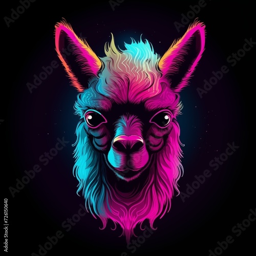Lama Head in Retrowave Style Isolated on Black Background. Generative AI