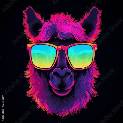 Synthwave Style of Funny Lama Head Wearing Sunglasses Isolated on Black Background. Generative AI © SALEEM