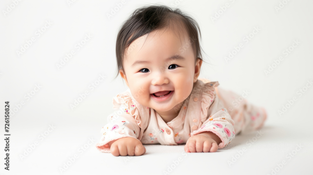 Smiling cute asian baby girl full body lying down on the floor. Smiling cute asian baby girl full body lying down on the floor.