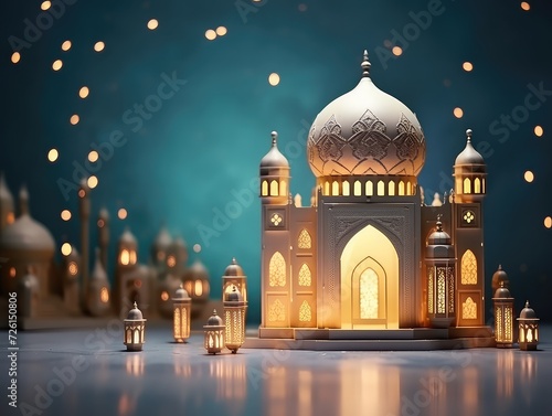 Ramadan Kareem Beautiful Islamic Holy Mosque with golden lights and islamic decorative lamps