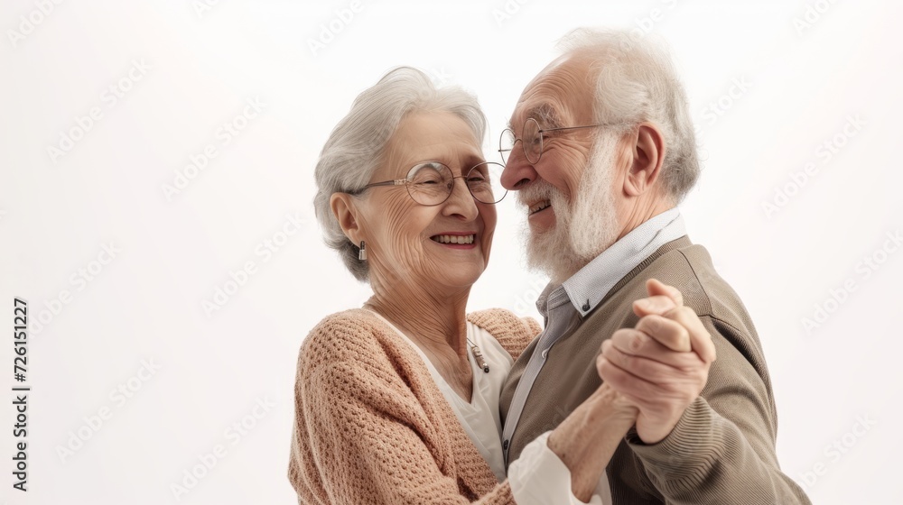 Timeless style and fashion. Dynamic portrait of retro style dancers, senior man and woman isolated on white background Timeless style and fashion. Dynamic portrait of retro style dancers, senior man and woman isolated on white background