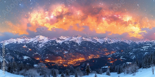 Fiery Cosmic Clouds over Snowy Mountain Landscape at Twilight