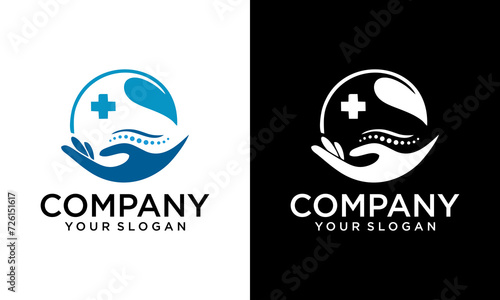 Creative Chiropractic Center Logo. Spine Health Symbol and Hand with modern Style. Health Care Chiropractic logo design with hand and leaf Logo Design Template. 