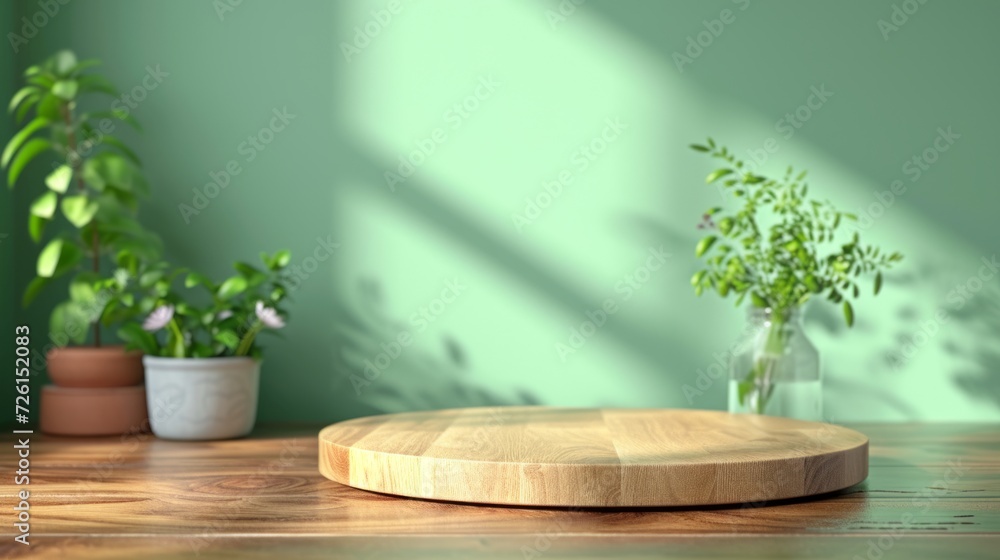 Close up of empty wooden podium on the green wall background, great for cosmetic, fragrance or beverage product product shoot Close up of empty wooden podium on the green wall background, great for cosmetic, fragrance or beverage product product shoot