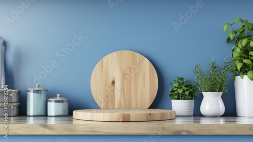 Close up of empty wooden podium on the green wall background, great for cosmetic, fragrance or beverage product product shoot