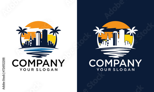 Creative Building with sea  apartment ocean view logo and business real estate. City builder logo template illustration-underwater city.