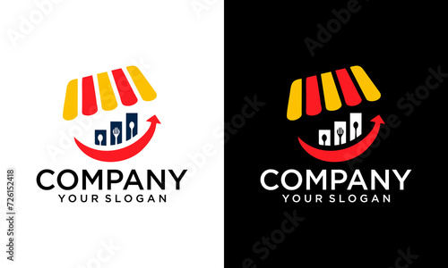 Creative smile stall roof with spoon fork logo, food shop symbol design vector