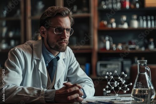 Confident scientist with atom model at desk