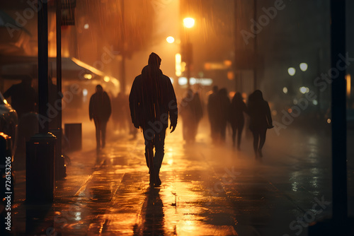 people walking on the streets in rainy night, The background features buildings, poles, and lights