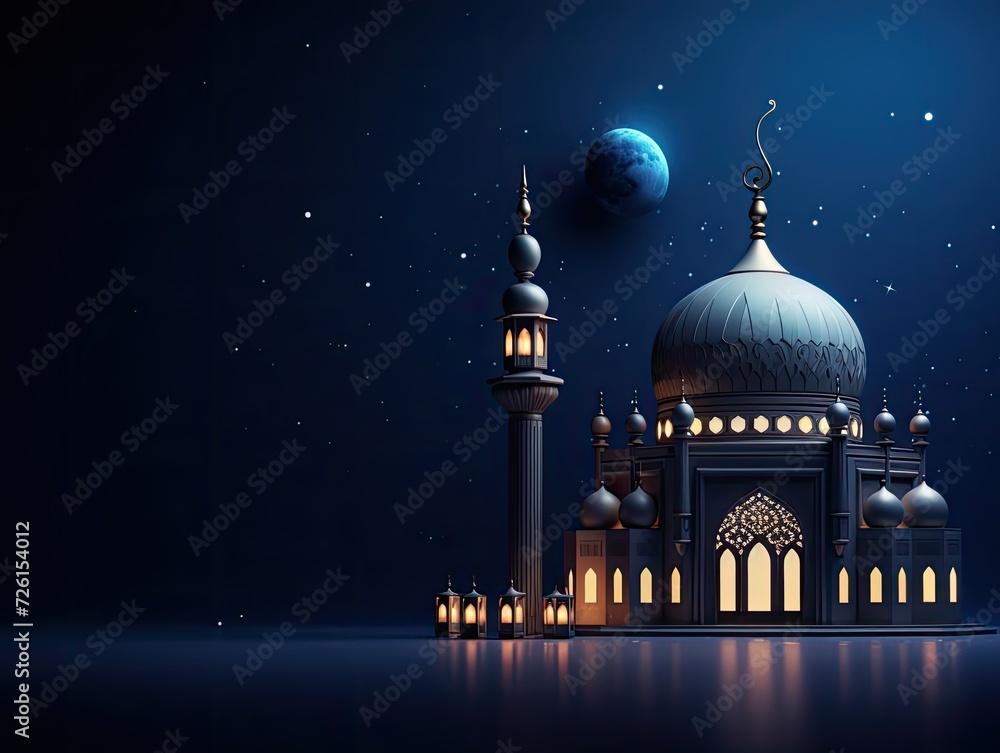 Ramadan Kareem Beautiful Islamic Holy Mosque with golden lights and moon