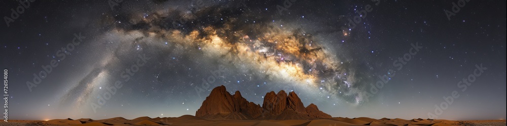 Milky Way Panorama Over Desert Landscape at Night