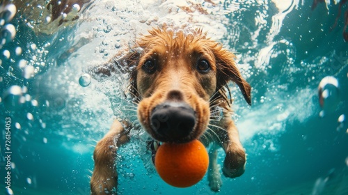 Close-up photo of a dog diving underwater to fetch a ball, bubbles trailing behind.