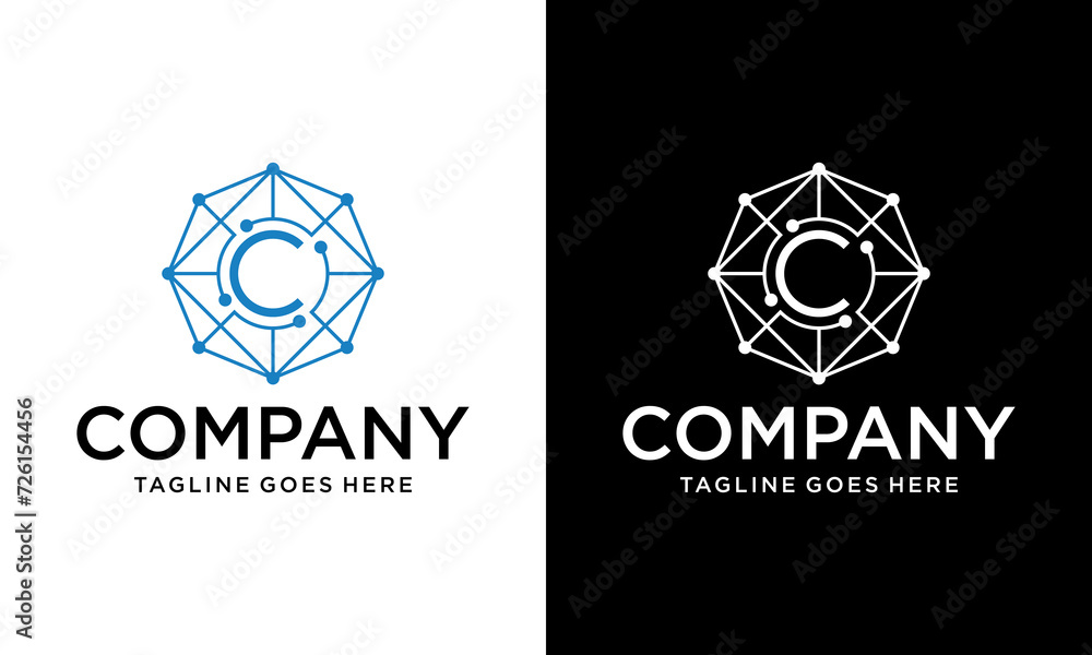 Creative Letter C logo design with point or dot symbol. Letter C tech logo with circuit board lines style Creative Letter C logo design with point or dot symbol. Letter C tech logo with circuit board lines style