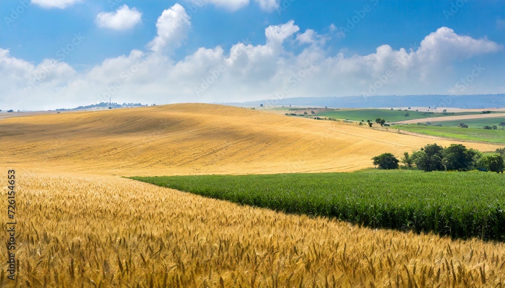 green field and blue sky, wheat field, vast agriculture landscape with golden wheat fields, farming, Ai Generate 
