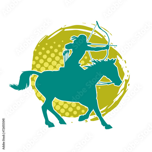 Silhouette of an ancient cavalry soldier aiming with archery weapon. Silhouette of an archer on his running horse.