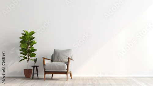 Modern minimalist interior with an armchair on empty white color wall background © wiparat